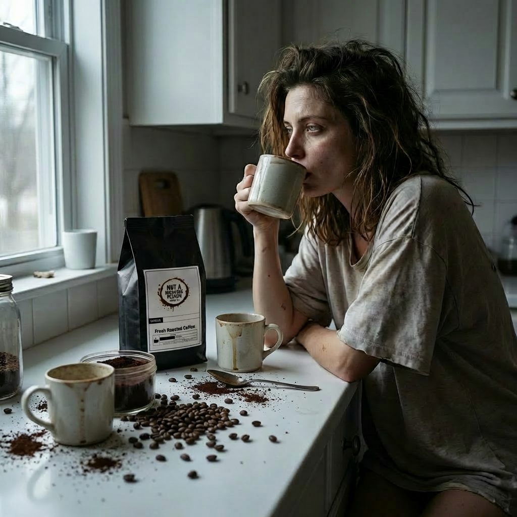 woman drinking a cup of coffee with a not a morning person coffee co on messy counter.  Looks like she is on her third cup of coffee. 