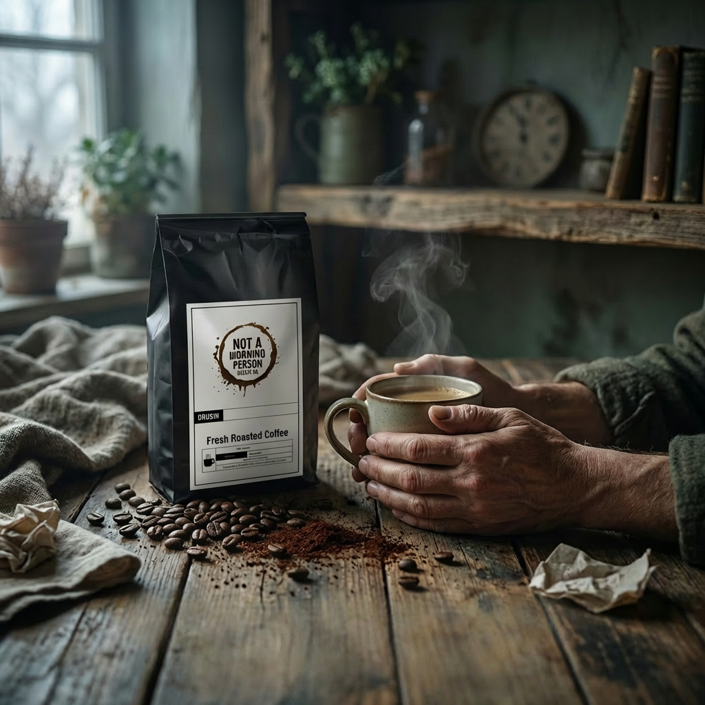 man holding a cup of coffee with a not a morning person coffee co bag on messy table.  Table has spilled coffee beans and spilled coffee grounds.