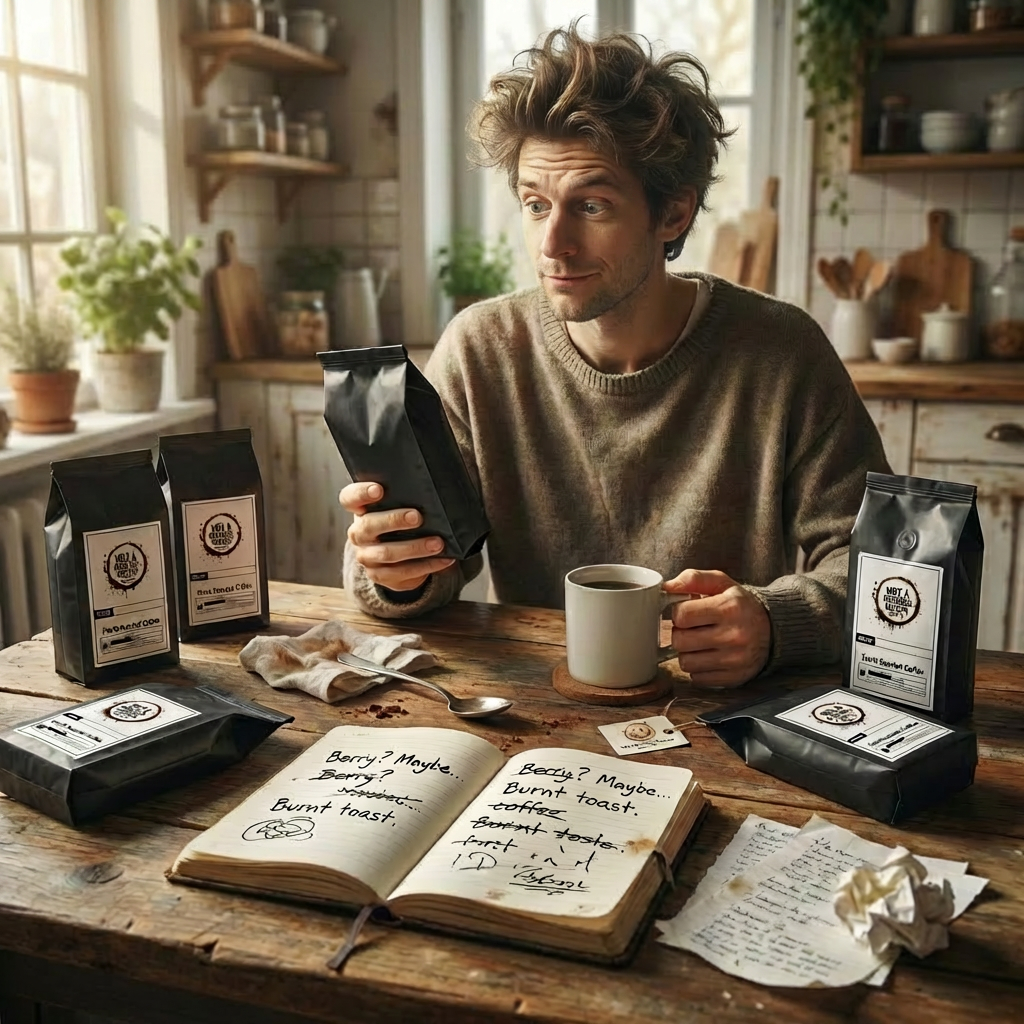 Man looking surprised at a bag of not a morning person coffee co best sellers sample pack.  On the table are five other bags, a notebook, crumpled up paper, a dirty spoon and napkin.