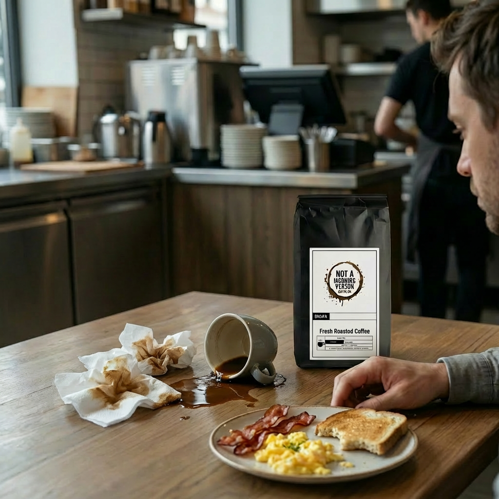 Man sitting at restaurant table with a plate of breakfast, a not a morning person coffee co coffee bag, and a spilled cup of coffee.
