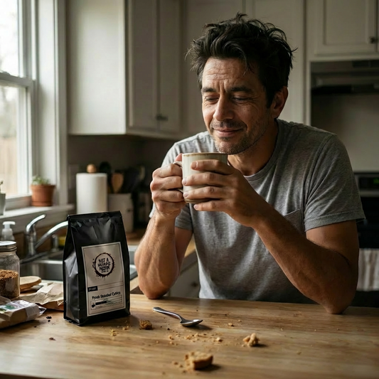 man drinking a cup of coffee with a half smile on his face and a bag of not a morning person coffee co on a messy counter.