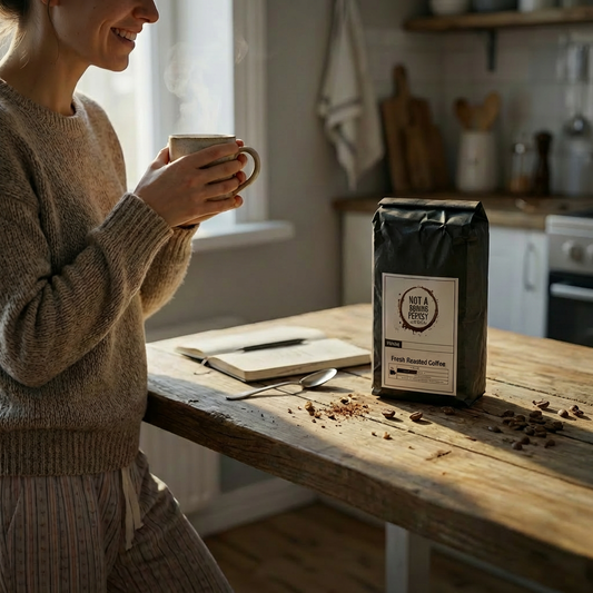 woman smiling because she is drinking a high caffeine coffee with a not a morning person coffee co coffee bag on a messy table.