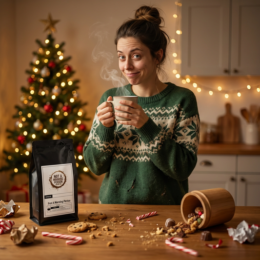 woman with a smirk holding a cup of candy cane coffee with a christmas themed background, messy table, and a bag of not a morning person coffee co coffee.