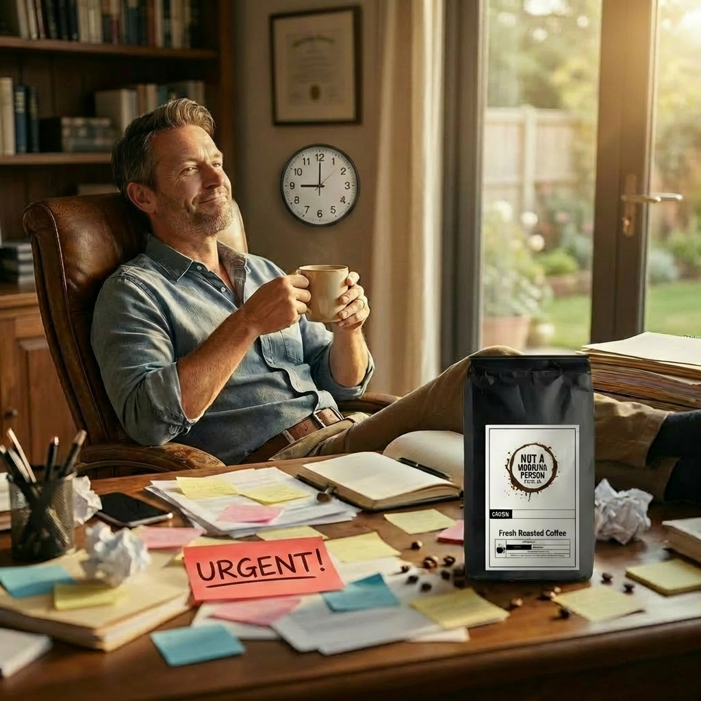 man with a smirk with his feet on the desk.  A bag of not a morning person coffee co coffee is on a messy desk with papers, post it notes, and a stack of files waiting to be done but he is enjoying his coffee.
