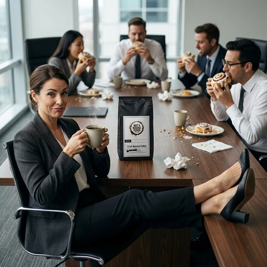Woman with feet propped up on conference table enjoying a cup of cinnabun coffee instead of eating a cinnamon roll like her coworkers.  On the table is a big bag of Not a Morning Person Coffee Co Coffee and the table is a mess.