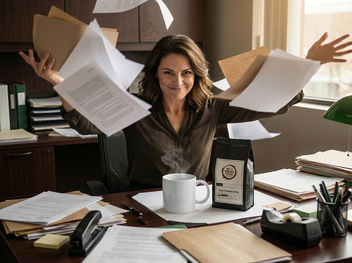 woman at office throwing up files and papers into the air with a bag of not a morning person coffee co coffee on her desk and a cup of cinnamon hazelnut coffee.