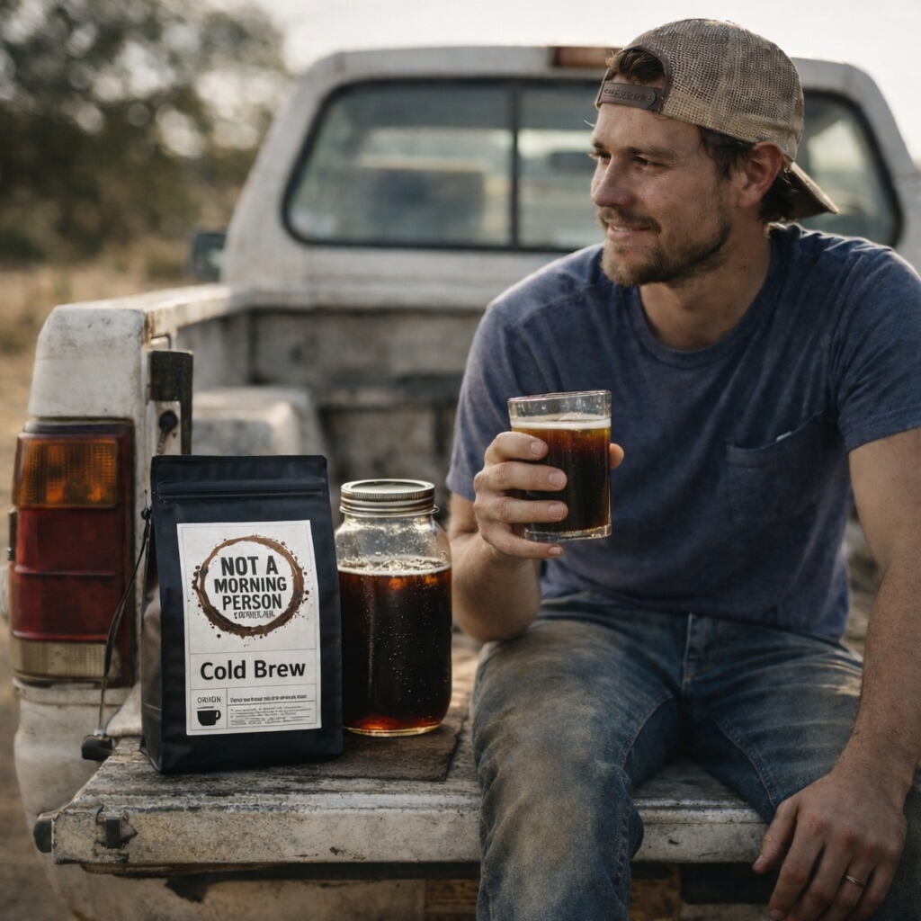 blue collar worker sitting on a truck tailgate drinking a cold glass of coffee with a not a morning person coffee co cold brew bag next to him.
