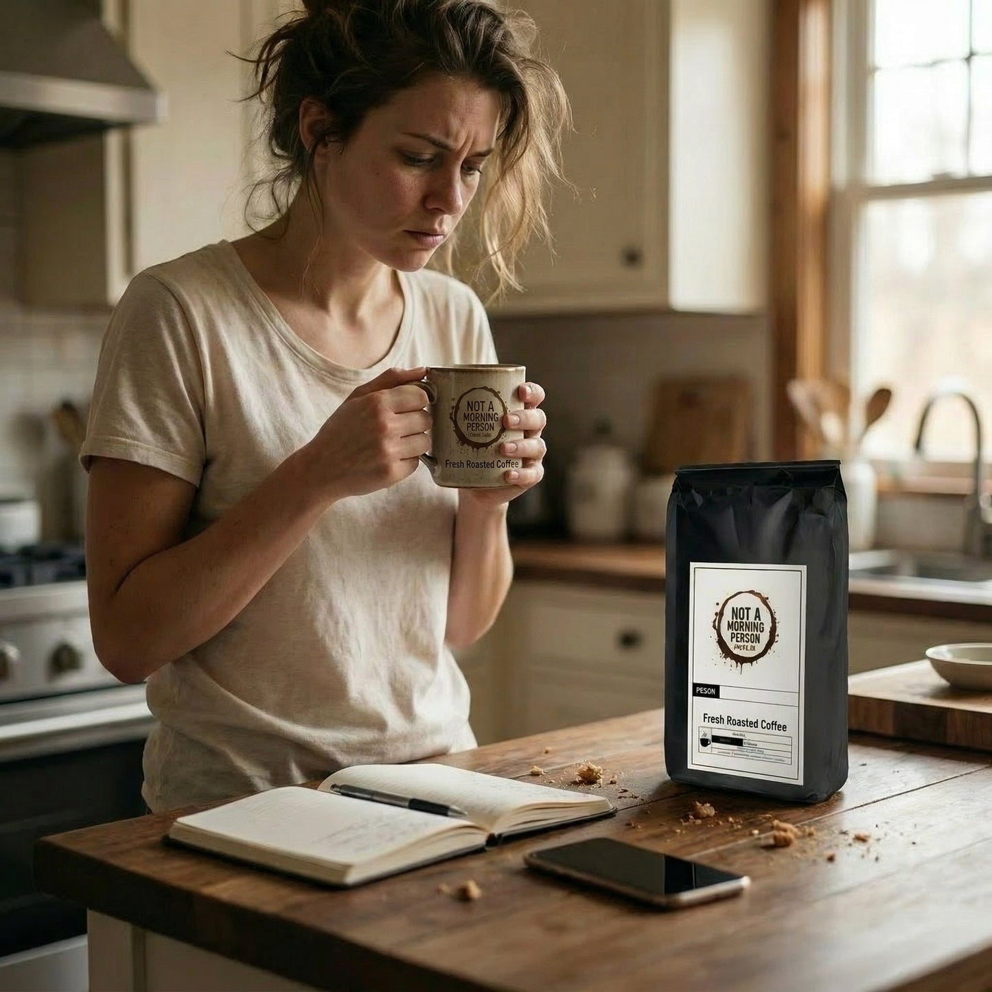 grumpy lady holding a cup of not a morning person coffee co coffee with coffee bag on a messy table with a phone, notebook, and crumbs everywhere.