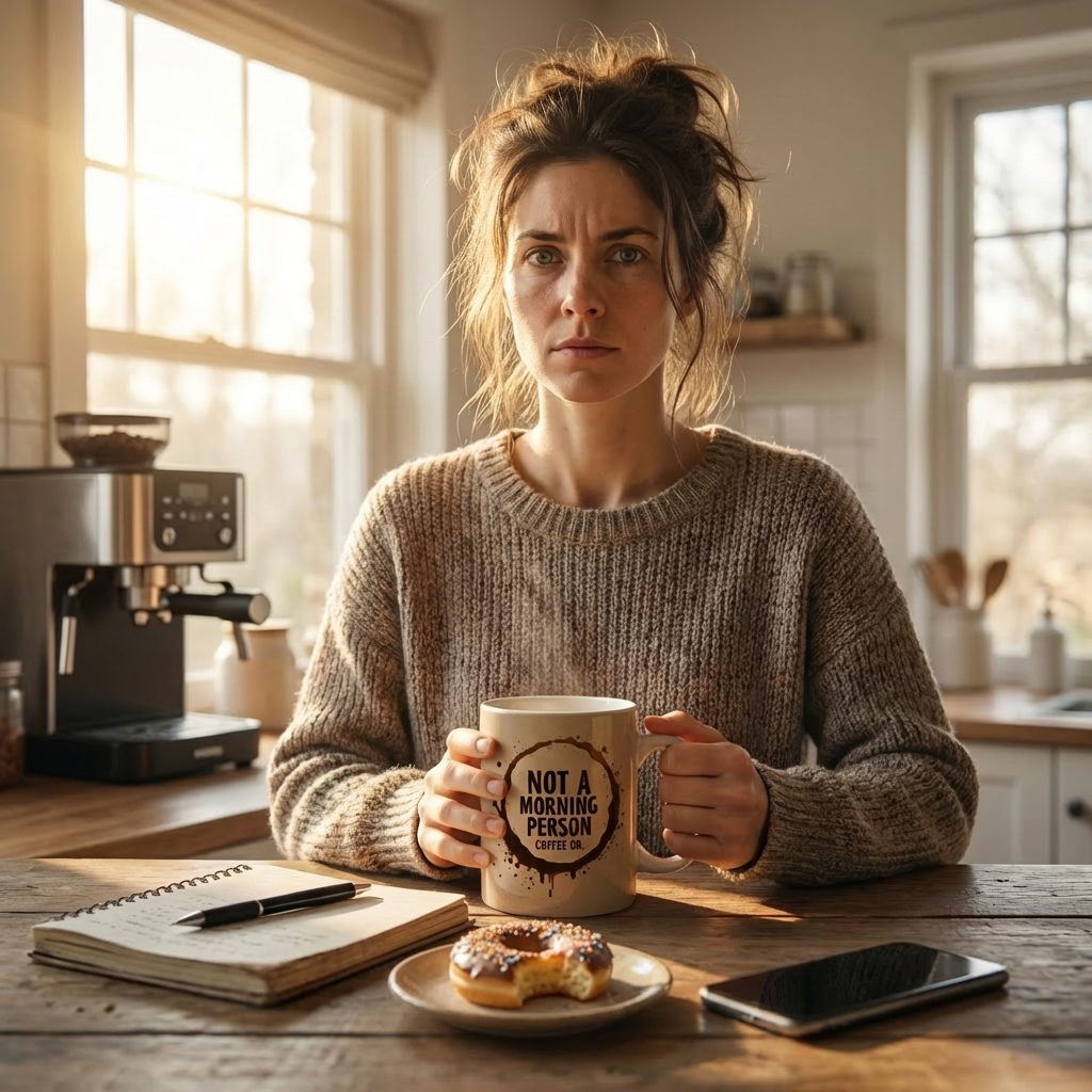 An almost put together woman with messy hair and a mad look on her face drinking a cup of not a morning person coffee co coffee with a phone, notebook, and half eaten donut on table.