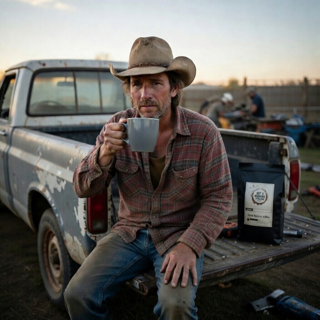 cowboy sitting on a tailgate drinking a cup of not a morning person coffee co coffee with guys working in the background and tools all over the place.
