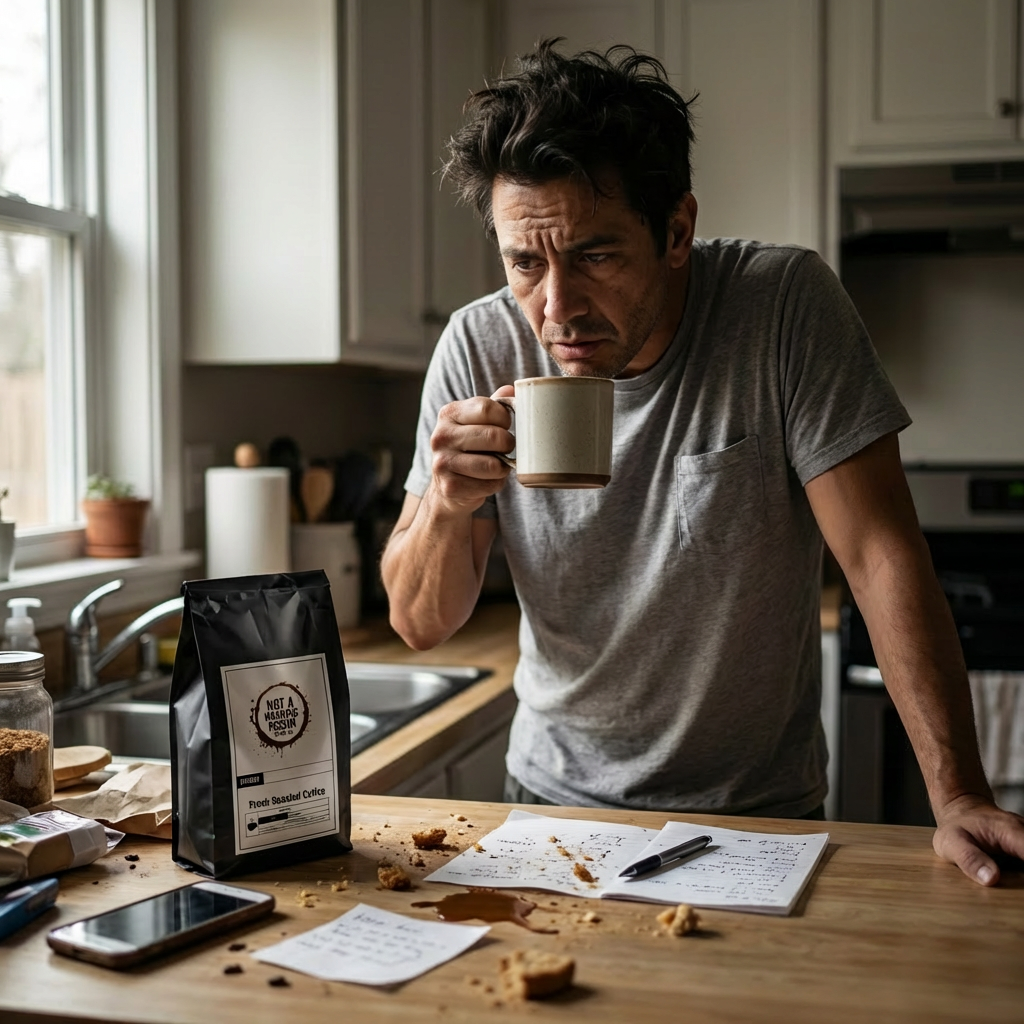 tired man with a bag of not a morning person coffee co coffee bag on messy countertop with coffee stained papers, crumbs, and dirty dishes.