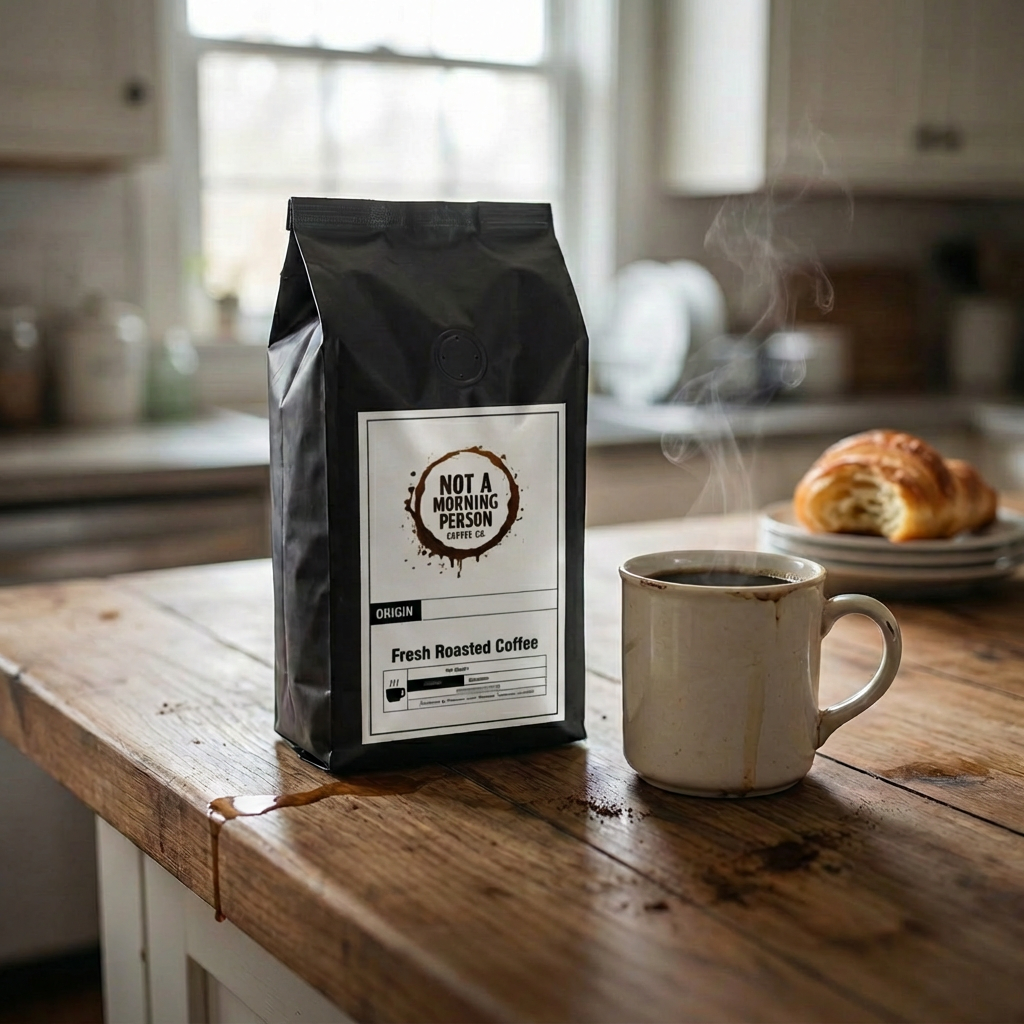 not a morning person coffee co coffee bag on counter with spilled coffee, coffee cup, and half eaten croissant.