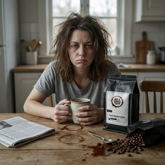 woman looking annoyed while drinking a cup of french vanilla coffee.  A bag of not a morning person coffee co coffee sits on a messy table with a spilled bag of coffee beans.