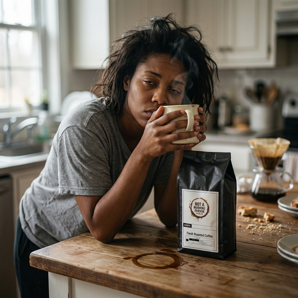 sleepy lady holding a cup of not a morning person coffee co coffee with a bag of coffee on messy counter with bread crumbs, dirty dishes, and a french press.