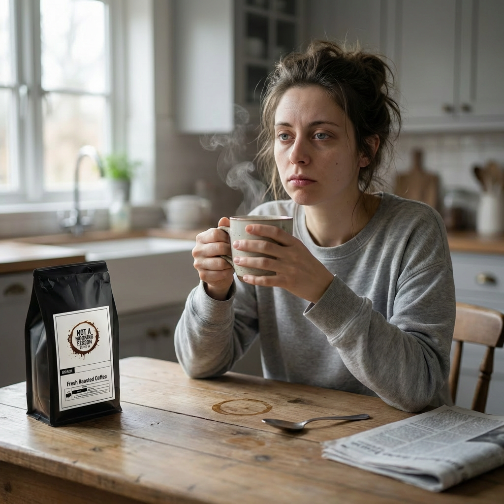 A woman with a blank stare just trying to exist.  On the table sits a bag of not a morning person coffee co coffee with a coffee stain, spoon, and newspaper.