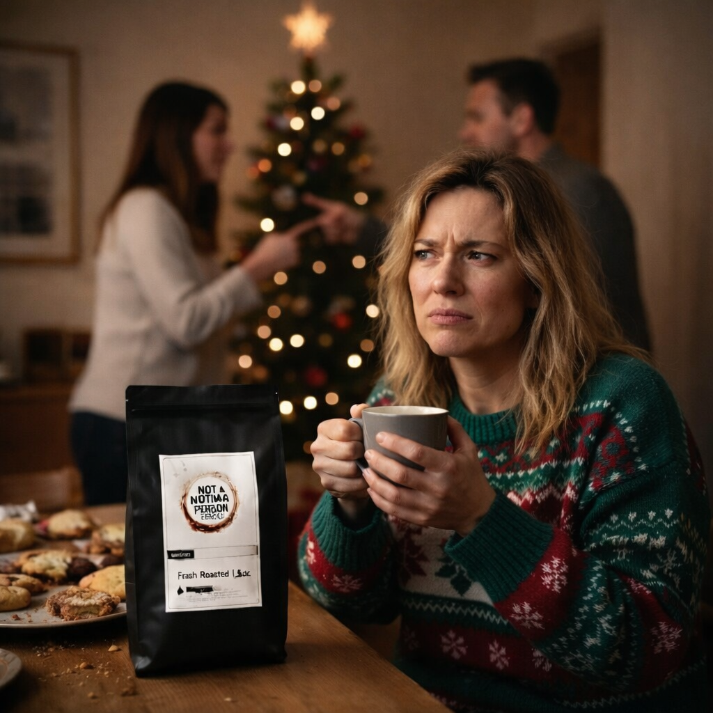 woman at a christmas gathering with couple arguing in the background.  She is drinking a holiday blend coffee with a not a morning person coffee co bag and holiday treats on the table.