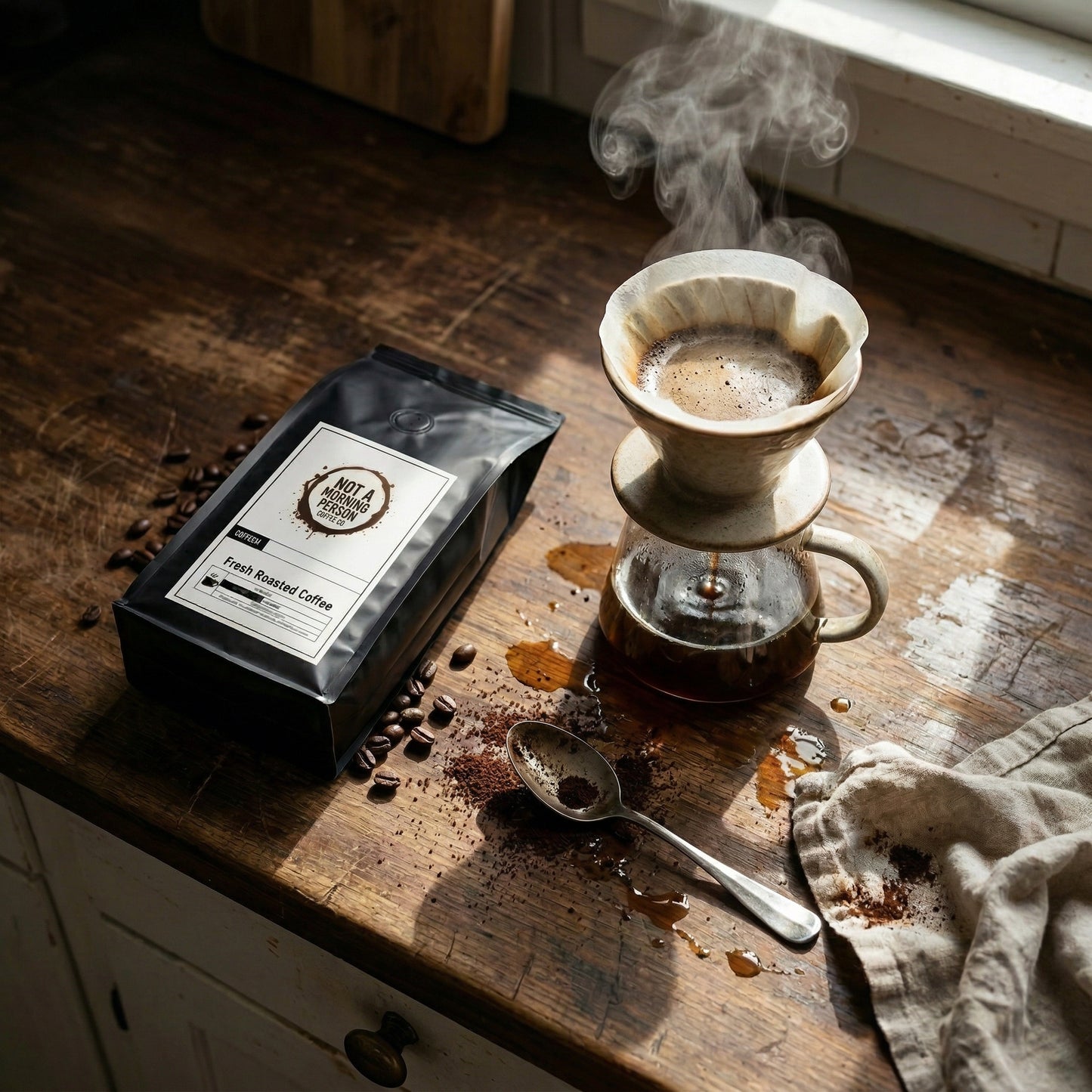 bag of not a morning person coffee co coffee on messy counter with a french press maker, dirty spoon and dirty towel.