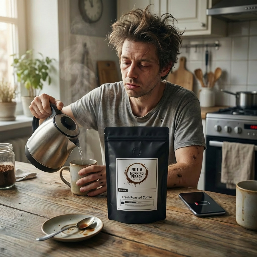 Man sitting at messy table pouring hot water into a coffee cup with a not a morning person coffee co coffee bag on table. 