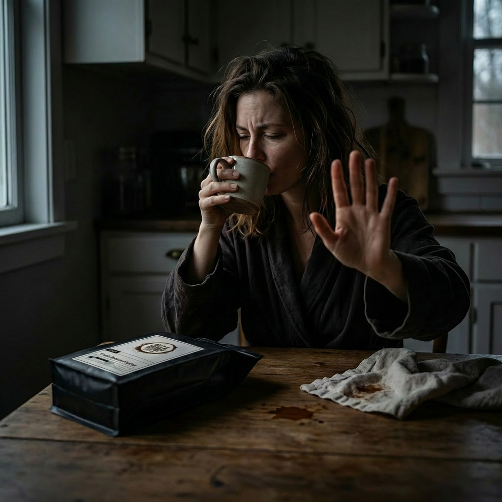woman drinking coffee holding her hand up to stop whomever is speaking to her.  A bag of not a morning person coffee co  is laying down on a messy table with coffee spills and a kitchen towel.