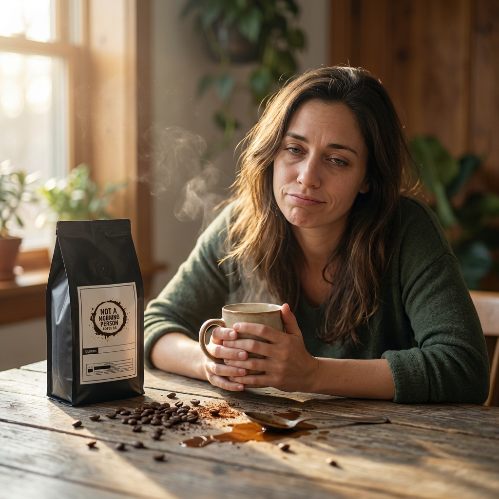 woman reluctantly waking up with a cup of coffee in hand  A bag of not a morning person coffee co coffee bag sits on the table that is messy with a spoon, spilled coffee, and spilled coffee beans.