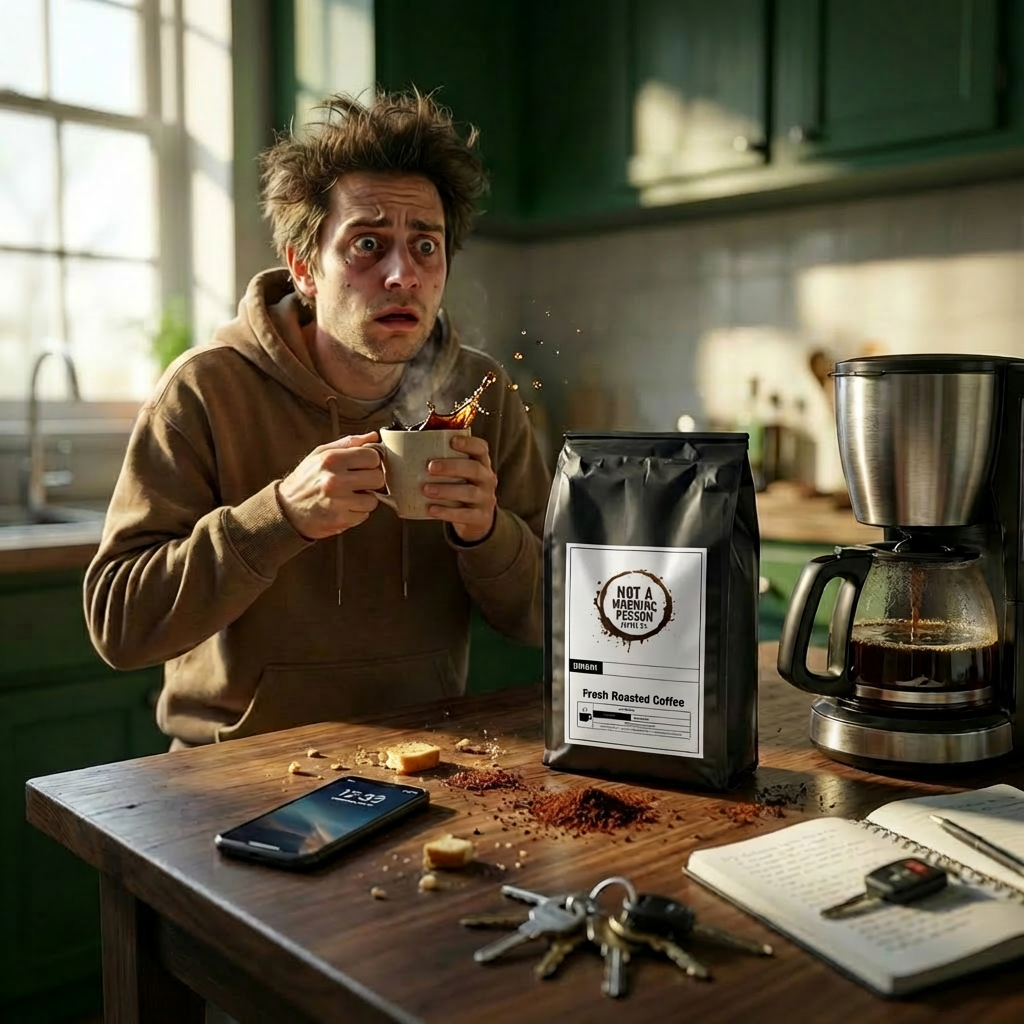 man waking up after taking a sip of max caf blend coffee from not a morning person coffee co.  Our coffee bag sits on a messy table with keys, a notebook, a phone, and left over toast.