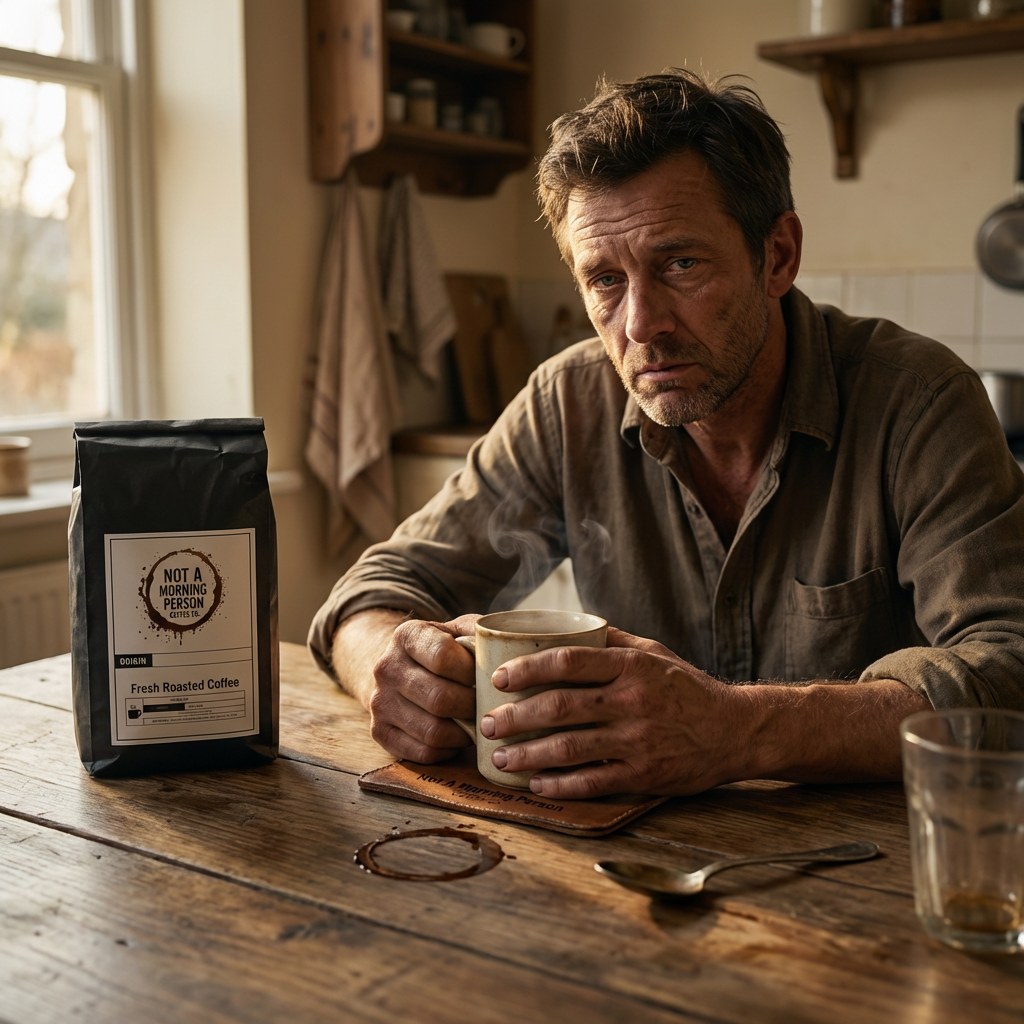 a man with a blank stare sipping a cup of mexican chocolate coffee after a rough night.  On the table sites a bag of not a morning person coffee co coffee, a coffee stain, a spoon, and an empty shot glass.