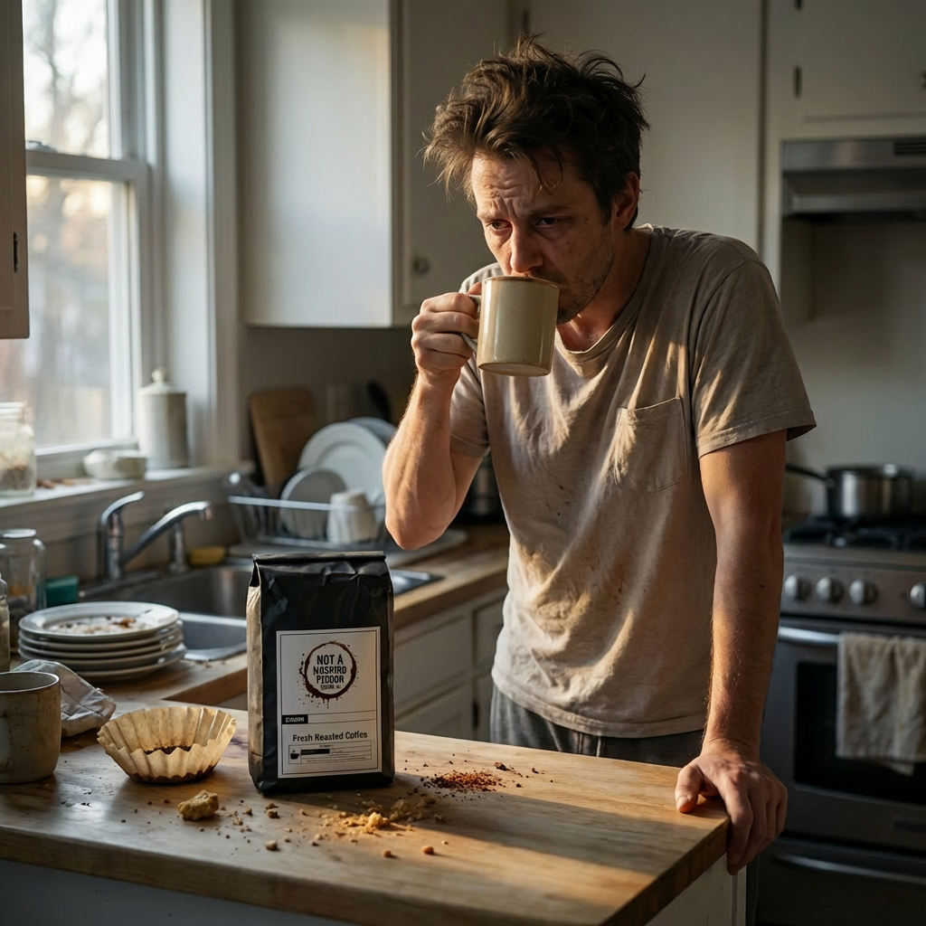 tired man drinking coffee with a not a morning person coffee co coffee bag on messy countertop. 