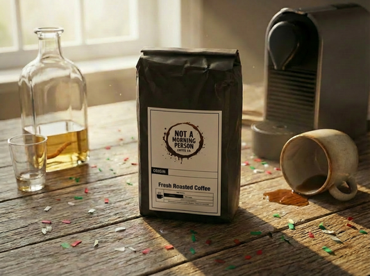 not a morning person coffee co coffee bag on countertop with a half drank bottle of tequila, a shot glass and last nights confetti. 