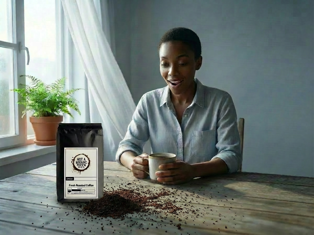 woman laughing at all the coffee grounds spilled on the table with a bag of not a morning person coffee co coffee.