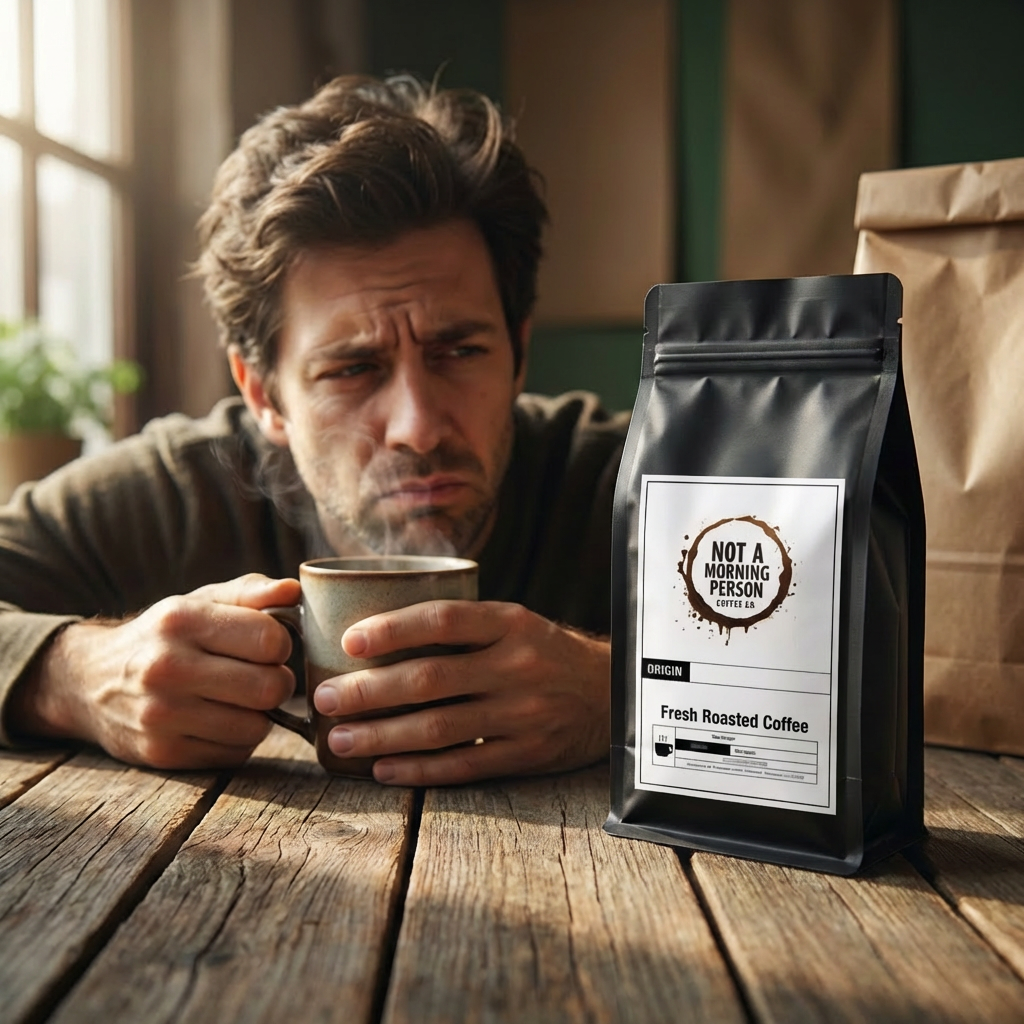 man with a cup of mushroom coffee dark roast looking at a bag of not a morning person coffee co coffee with a look of interest.  