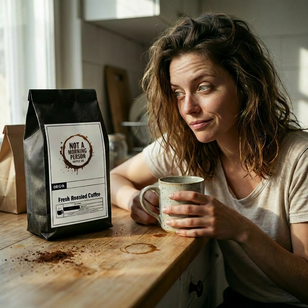 lady with a look of surprise looking at a bag of not a morning person coffee co medium roast mushroom coffee with a messy countertop.