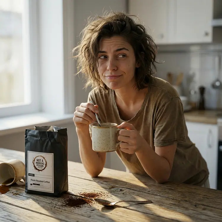 That look of "ok, this ain't so bad".  Lady stirring a cup of coffee with a not a morning person coffee co coffee bag on messy countertop with a spilled cup of coffee.
