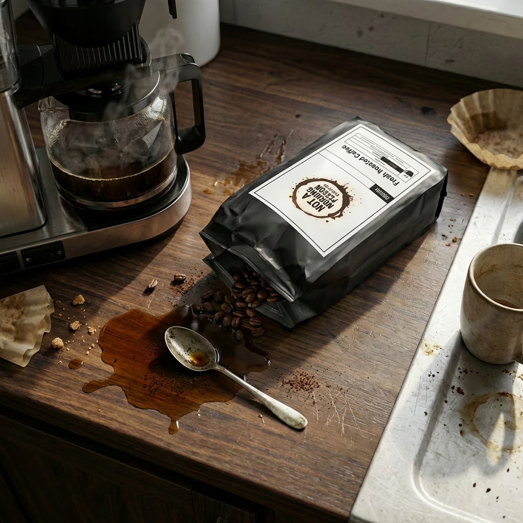 not a morning person coffee co spilled coffee bag on counter with coffee, dirty spoon, dirty dishes, and filter on countertop. 