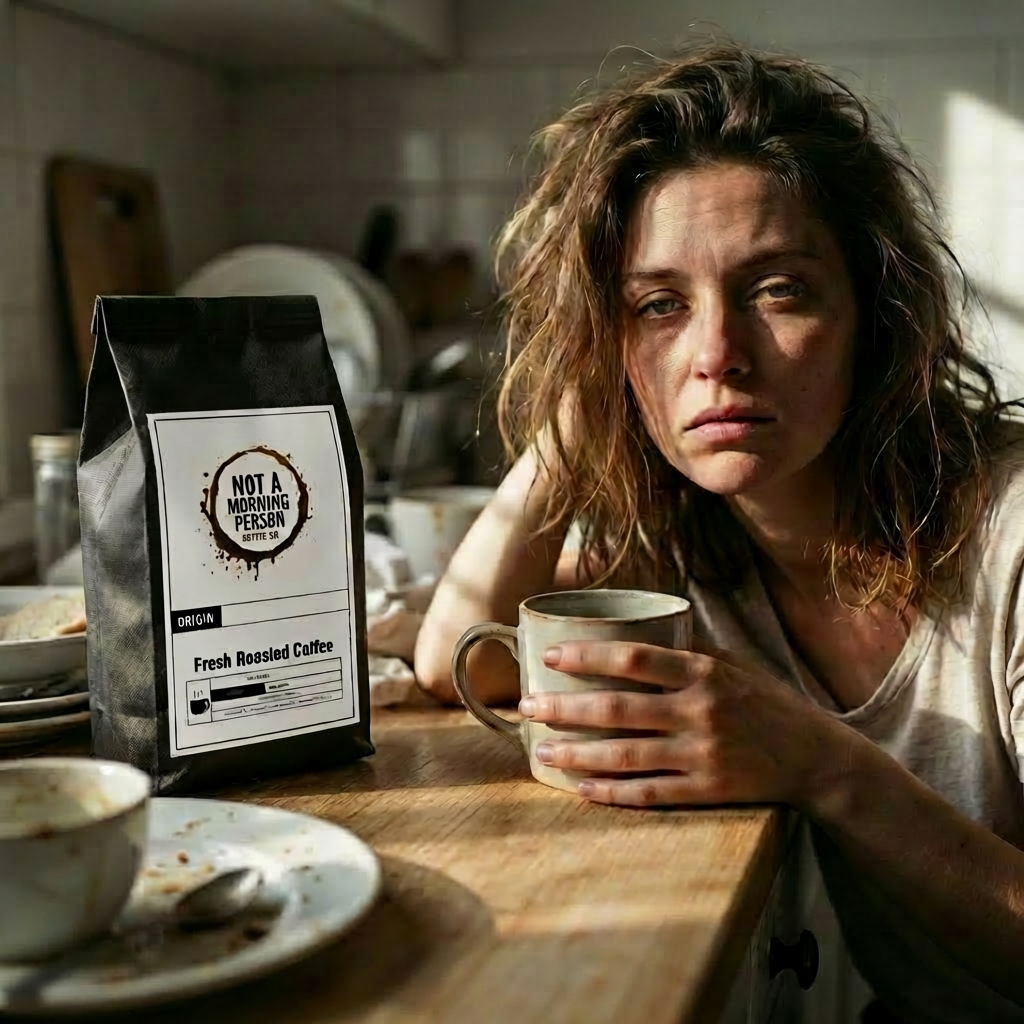 tired woman drinking a cup of not a morning person coffee co coffee with a large bag of coffee on counter, and dirty dishes.