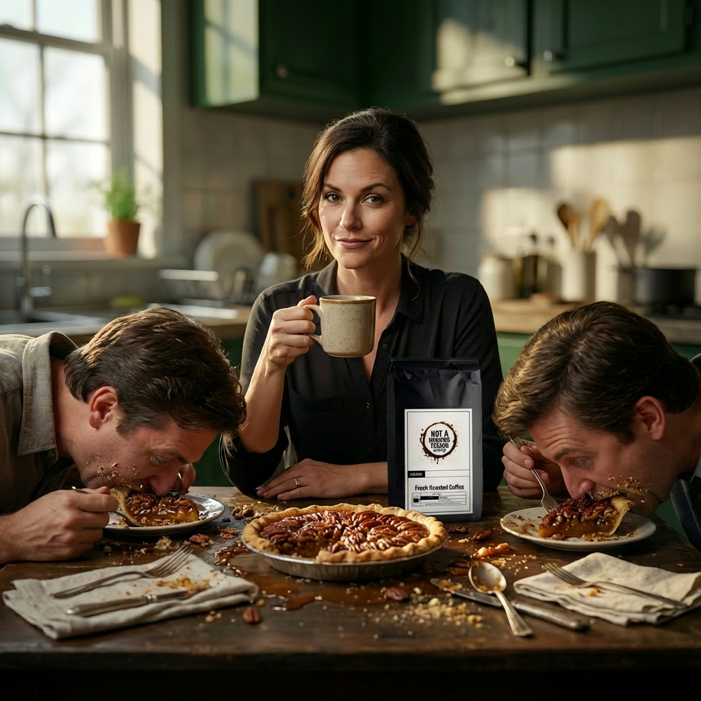 woman holding up a cup of pecan pie coffee with a smug look as she watches two men stuff their faces into a pecan pie.  Crumbs are all over the table with a bag of not a morning person coffee co coffee.