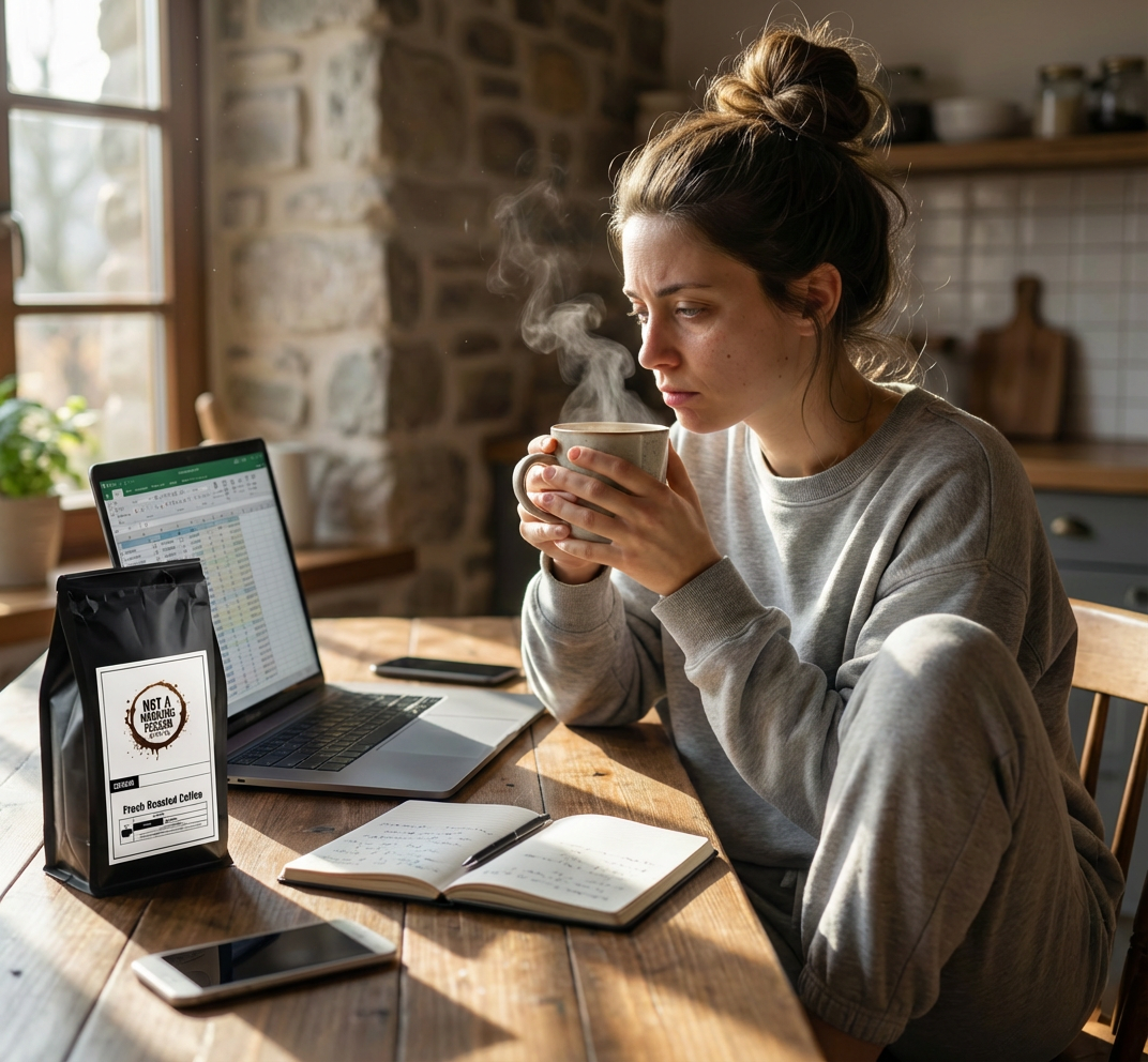 woman sitting at table with a cup of peruvian decaf coffee with a not a morning person coffee co bag on table, open laptop, notebook, and two phones.