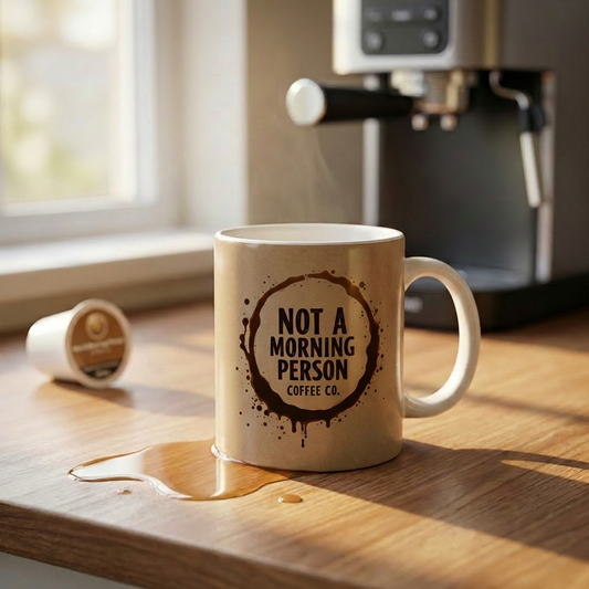 Not a morning person coffee co coffee cup sitting on countertop with spilled coffee and a creamer off to the side.