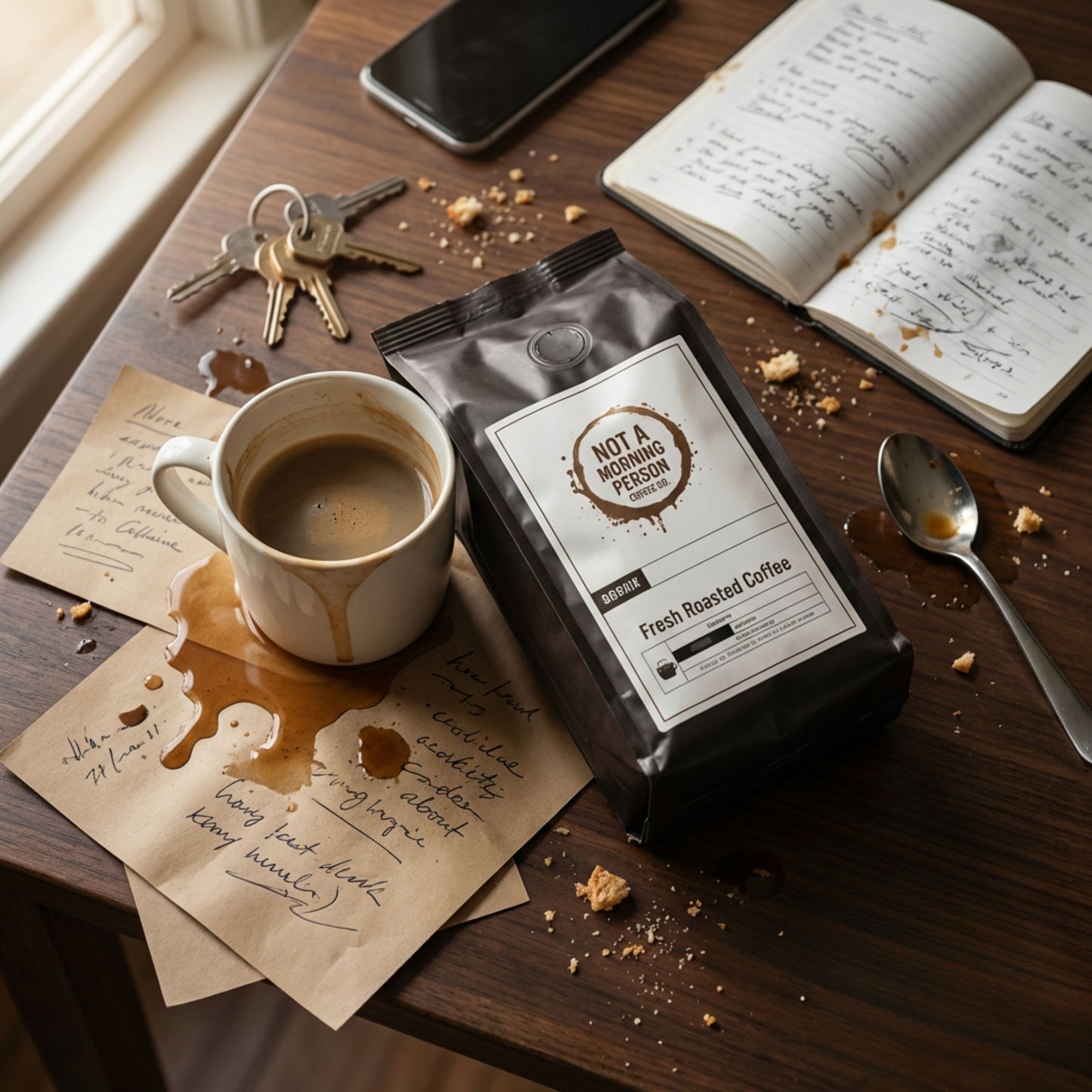not a morning person coffee co coffee bag on a messy table with spilled coffee on notes, keys, dirty spoon, crumbs on table, a phone, and a notebook with small coffee splatters.