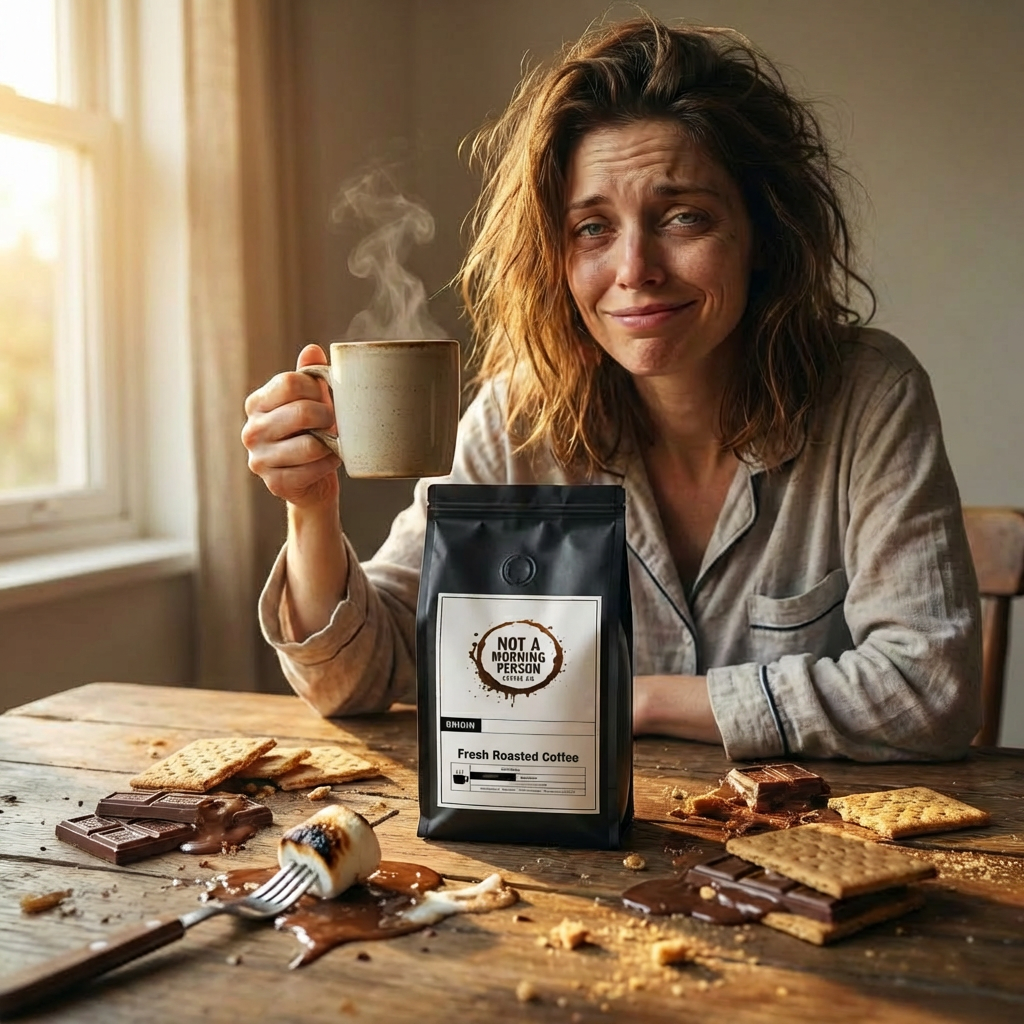 lady with a grin drinking a cup of smores coffee with a bag of not a morning person coffee co coffee and failed attempts of smores on the table.