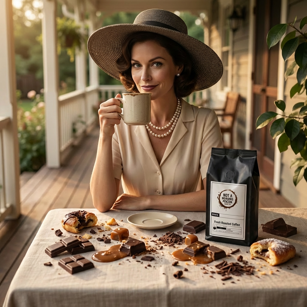southern woman sitting on a porch at a table that has a not a morning person coffee co bag on it along with half eaten candy bars, half eaten pastries, and half eaten chocolate caramel bars.  She has a smirk on her face while sipping a cup of Turtle coffee unapologetically.