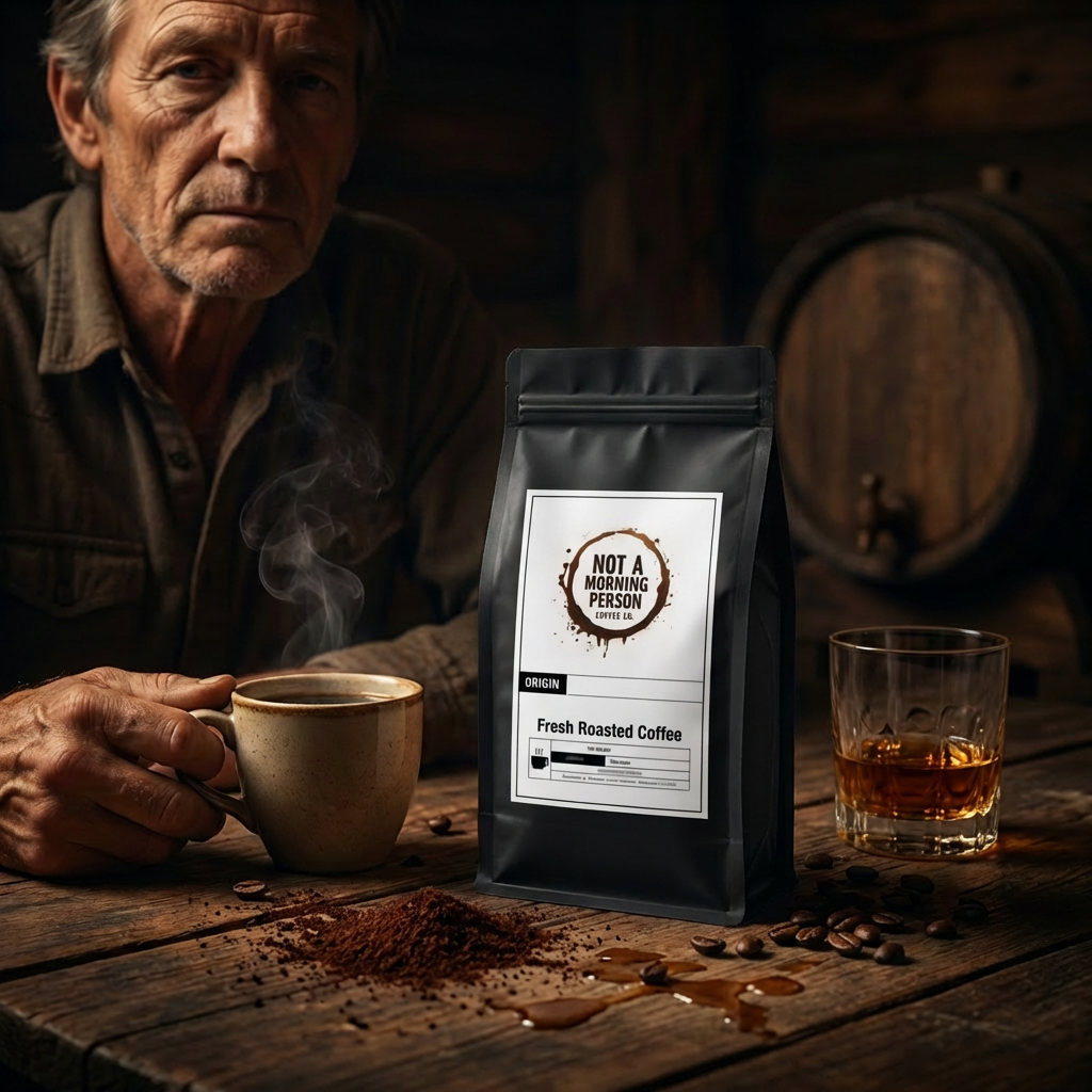 older man sitting at a table in whiskey barrel room drinking a cup of whiskey barrel aged coffee with a not a morning person coffee co coffee bag on messy table and a glass of whiskey.