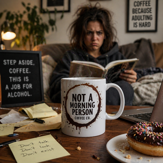 Coffee Mug – "Not a Morning Person" Funny Ceramic Cup with Coffee Stain Design (11oz, 15oz)