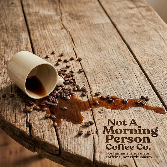 image of spilled coffee on wooden table with whole beans everywhere by not a morning person coffee co.